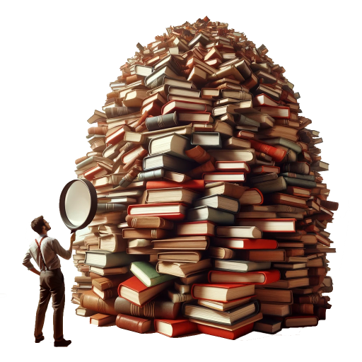 A huge haystack pile of books are being examined by a man holding an oversized magnifying glass