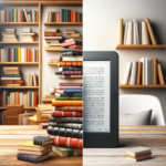 an image split in two. One side is a pile of books and the other side is an e-reader