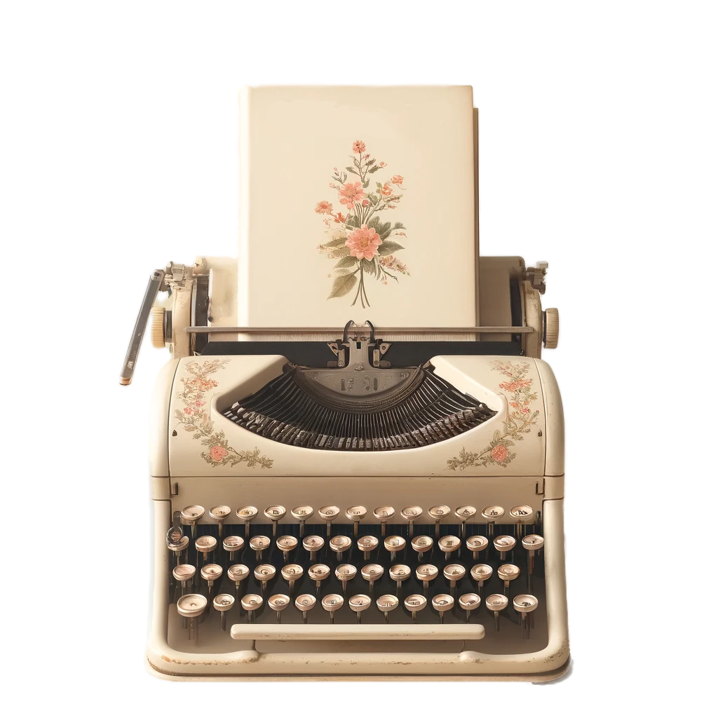 An old fashioned white typewriter which has been decorated with painted on flowers.