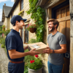 A postman handing a parcel to a customer at their door. Both people look happy.