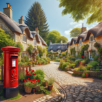 A picturesque village with a bright red postbox
