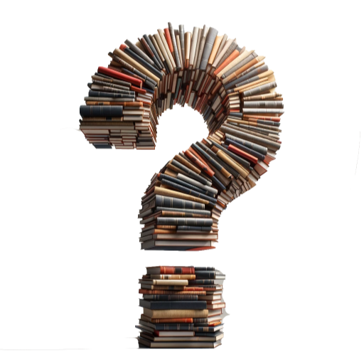A pile of books on the side, shaped into a question mark.
