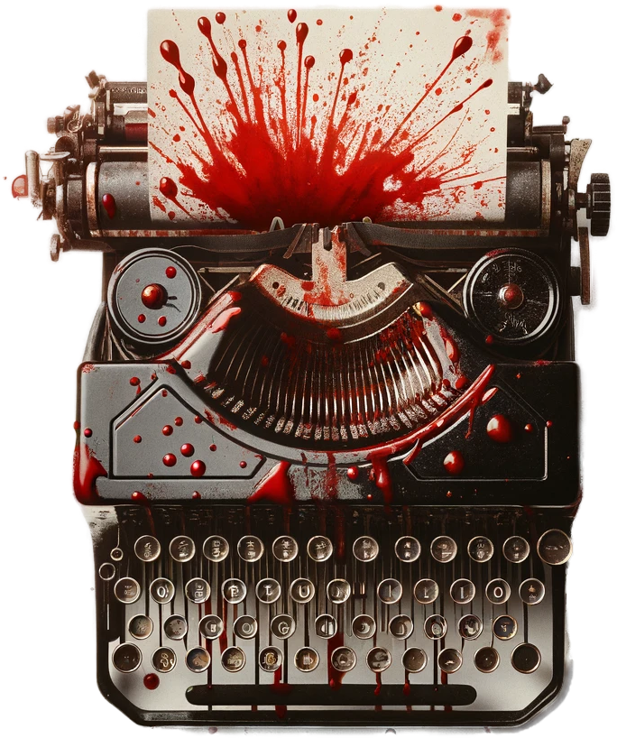 An old fashioned typewriter with a piece of paper inside ready to use. The typewriter has been splattered with blood.