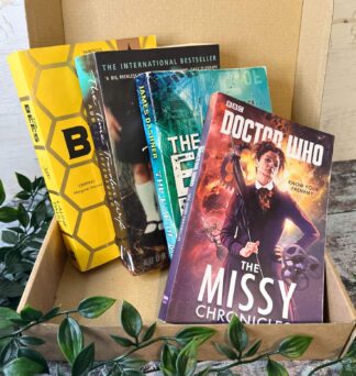 A cardboard box with four novels shown in front