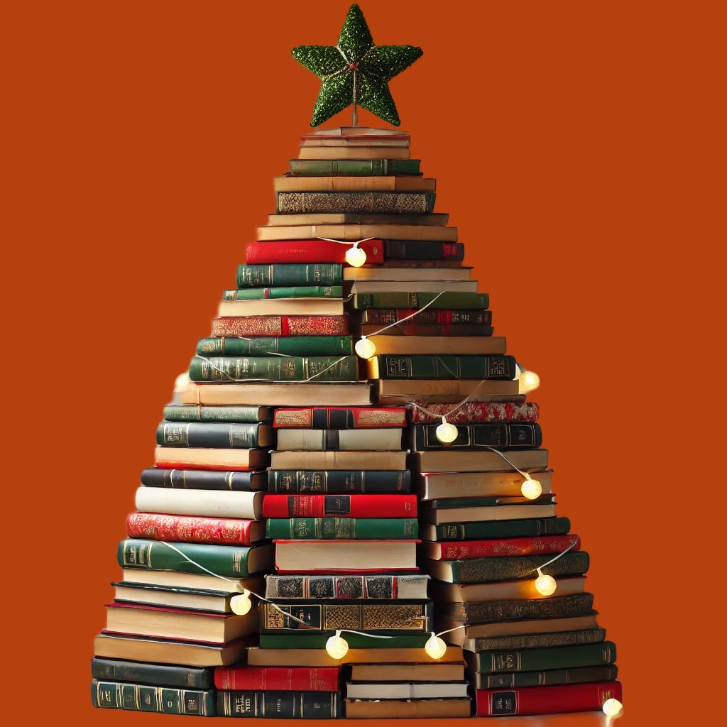 A christmas tree made from books. There are some fairy lights around it and a star at the top.