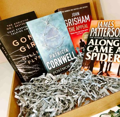 A cardboard box with four novels shown in front, all with the genre Thriller